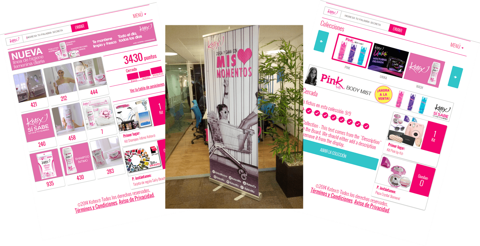 Kotex playable loyalty campaign — Mis Momentos collection board, prize screens and Pink by K collection running on Picnic