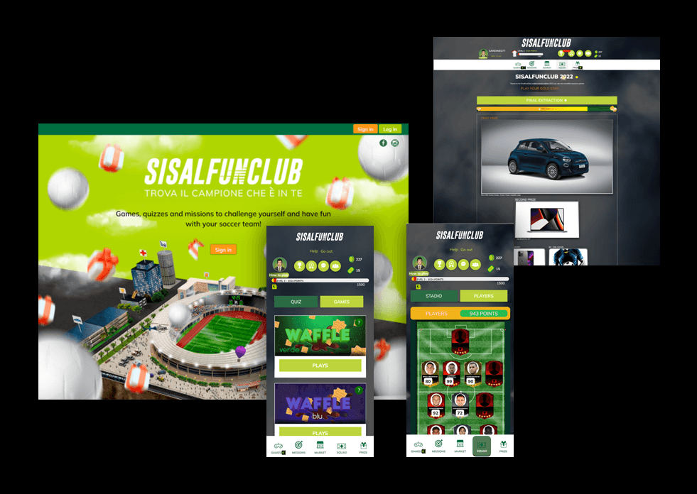 SisalFunClub playable campaign — landing page, mobile quiz and games, prize draw and squad-building screens running on Picnic